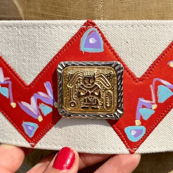 Vintage VST Belt - Hand-Painted Canvas, Aztec Buckle, One-of-a-Kind Slow Fashion - Picture 2 of 9